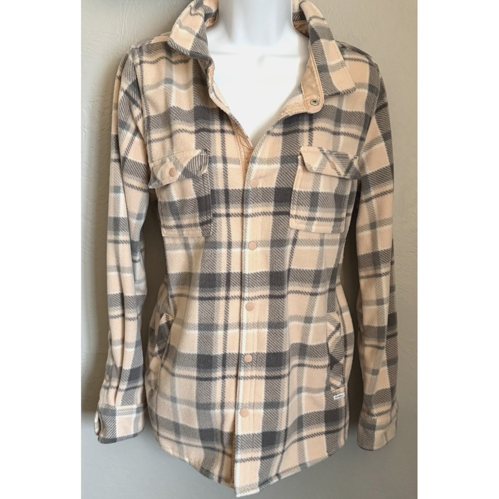 Oneill Flannel Fleece Shacket Womens Size Medium Pink Gray Snap UP Pockets